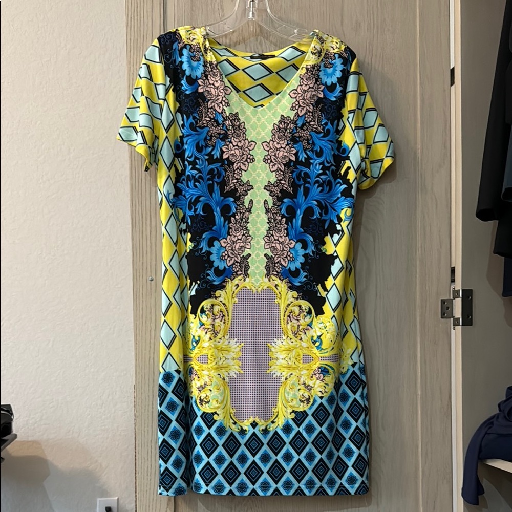Braciano Blue and Yellow Sheath Mini Dress